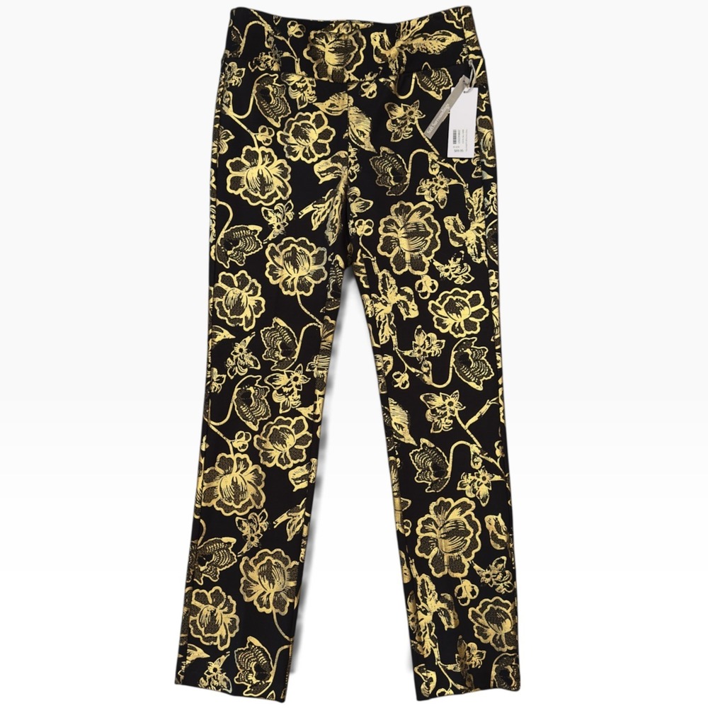NWT Soft Surroundings Womens Marly Floral Metallic Gold Black Straight Pants XS